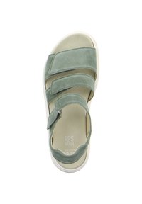 Zelené semišové sandály se třemi nastavitelnými suchými zipy, otevřenou špičkou a světlou polstrovanou podrážkou. Texturované pro pohodlí.