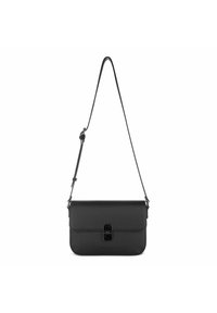 Borsa a tracolla in pelle nera di forma rettangolare, con tracolla regolabile, chiusura a pattina e un dettagliato fermaglio metallico prominente.