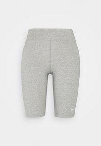 Shorts atléticos grises con un diseño ajustado, hechos de material suave, con una cinturilla ancha y el logo de Nike en blanco en la parte inferior izquierda.