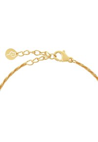 Bransoletka z łańcuszka w kolorze złotym o fakturowanym wzorze, z zapięciem na zatrzask oraz zawieszką w kształcie serca. Ogniwa łańcuszka są połączone.