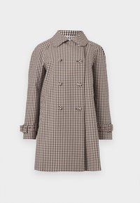 Καφέ και λευκό καρό καμπαρντίνα με διπλό πέτο, φαρδύ γιακά και μανσέτες με ζώνη, εμφανίζεται σε ουδέτερο φόντο.