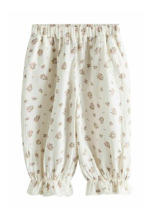 Cream-colored baby bloomers with small multicolored floral prints, elastic waist, and gathered, ruffled leg openings.