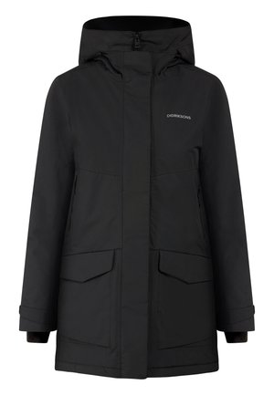 Giacca invernale nera isolata con cappuccio, cerniera frontale coperta da patta, due grandi tasche frontali e logo Didriksons sul petto.