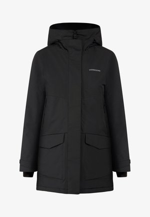 Schwarze, isolierte Winterjacke mit Kapuze, Frontreißverschluss unter einer Abdeckklappe, zwei großen Fronttaschen und Didriksons-Logo auf der Brust.