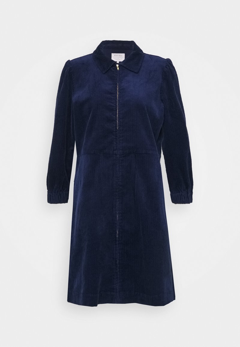 Navy corduroy-mekko, jossa on kaulus, pitkät puffihihat, edessä vetoketju ja elastiset hihansuut lisärakenteen vuoksi.