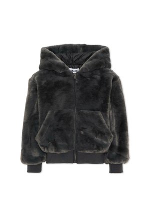 Giacca con cappuccio in pelliccia sintetica grigio scuro con zip frontale, due tasche frontali e polsini e orlo a coste.
