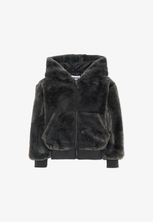 Giacca con cappuccio in pelliccia sintetica grigio scuro con zip frontale, due tasche frontali e polsini e orlo a coste.