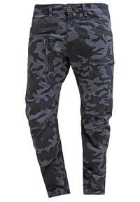 Svarta och grå kamouflage cargobyxor för män med flera dragkedjefickor och knäppning med knapp i midjan.