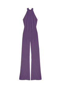 Jumpsuit sin mangas de color púrpura con cuello alto, detalle fruncido en el escote y diseño de pernera ancha. Fabricado con un tejido suave y elástico.