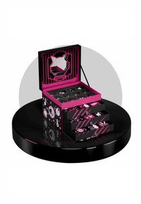 Black and pink cat-themed box with open lid, compartments, and three pull-out drawers, displayed on a black round platform.