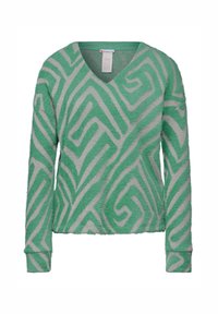 Pull à col en V manches longues vert et gris avec un motif texturé ondulé. Tissu doux avec poignets et ourlet côtelés, offrant une coupe décontractée.