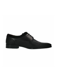 Chaussure de ville en cuir noir avec un dessus texturé, un capuchon lisse et de petits lacets ronds. Présente un talon bas et une forme élégante et effilée.