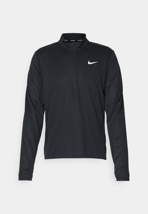 Black Nike long-sleeve top with a quarter zip collar. Features a white swoosh logo on the left chest. Smooth, lightweight fabric texture.