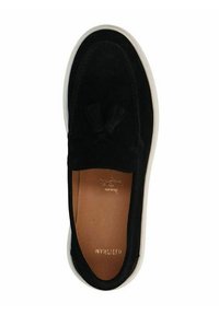 Schwarzer Wildlederschuh zum Hineinschlüpfen mit abgerundeter Spitze, verziert mit dekorativen Quasten und einer weißen Gummisohle. Das Innere hat ein Finish aus hellbraunem Leder.