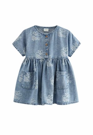 Denimkjole med korte ærmer, rund halsudskæring, knapper foran, blomsterprint, indsnævret talje og to forlommer. Lyseblå farve.