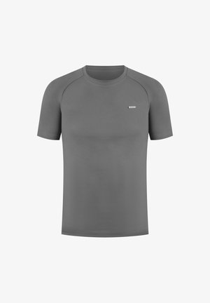 Graues Kurzarm-T-Shirt aus glattem Stoff mit Rundhalsausschnitt und Raglanärmeln. Ein kleines Logo befindet sich auf der Vorderseite.