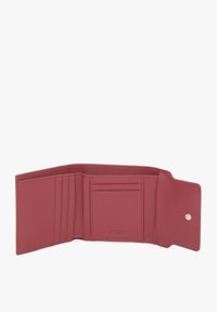 Burgundské kožené peněženka s několika sloty na karty a zapínáním na patent. Hladký povrch s embosovaným logem uvnitř.