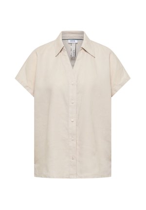 Chemise beige en lin à manches courtes avec boutons et col, étiquetée "Cecil", présentée sur fond blanc.