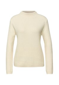 Kremowy sweter dziany z wysokim kołnierzem, długimi rękawami i teksturowanym prążkowanym wzorem. Posiada dopasowany krój i jednolity kolor.