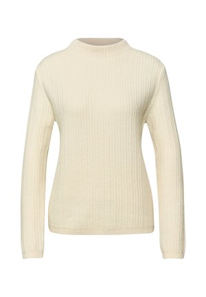 Kremowy sweter dziany z wysokim kołnierzem, długimi rękawami i teksturowanym prążkowanym wzorem. Posiada dopasowany krój i jednolity kolor.