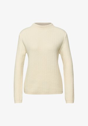 Suéter de punto crema con cuello alto, mangas largas y un patrón acanalado texturizado. Presenta una silueta ajustada y un color sólido.