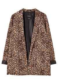 Blazer à imprimé léopard avec une coupe décontractée, doté d'une doublure intérieure noire, d'un devant ouvert et de poches latérales. Confectionné dans un tissu doux.