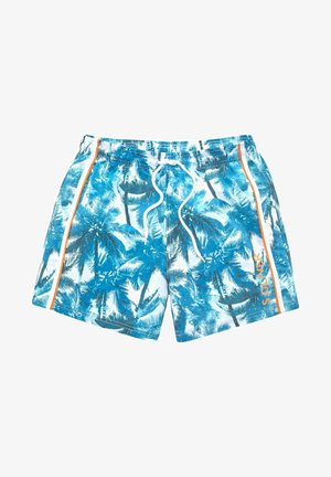 Badeshorts mit einem blauen und weißen Palmenmuster, elastischem Taillenbund mit Kordelzug und orangefarbenen seitlichen Akzenten. Leichte Stoffqualität.