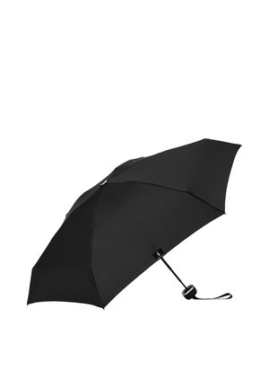 Schwarzer kompakter faltbarer Regenschirm mit geradem Griff und Handschlaufe, offen gezeigt vor weißem Hintergrund.