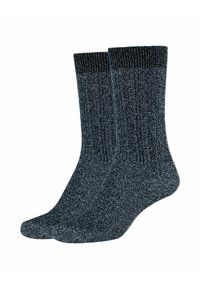 Mørkeblå ribbede sokker med sølvglitter, fremstillet af et struktureret strikmateriale, der har en solid, elastisk kant i toppen.