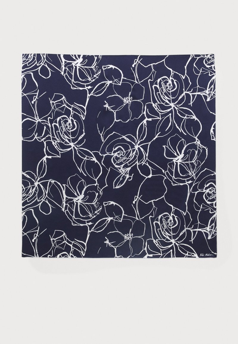 Marine farve stof med et hvidt blomsterkontur mønster, der inkluderer roser og grene. Glat tekstur med en rektangulær form.
