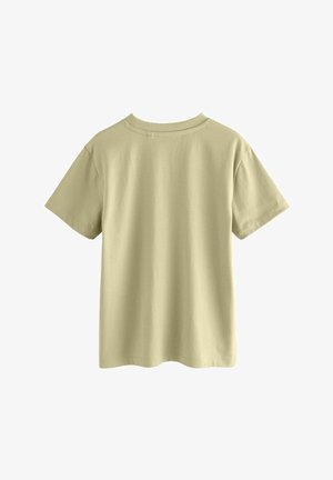 Kurzärmliges T-Shirt aus leichtem grünen Baumwollstoff mit Rundhalsausschnitt, glatter Textur und lockerer Passform, mit sauberen Säumen und ohne sichtbar Logos.