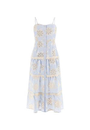 Light blue sundress featuring floral embroidery in cream, spaghetti straps, button front, and tiered ruffle hem.