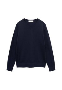 Pulover bleumarin, cu mânecă lungă, cu decolteu în V și manșete și tiv cu nervuri, realizat dintr-un material neted. Fără modele sau accente vizibile.