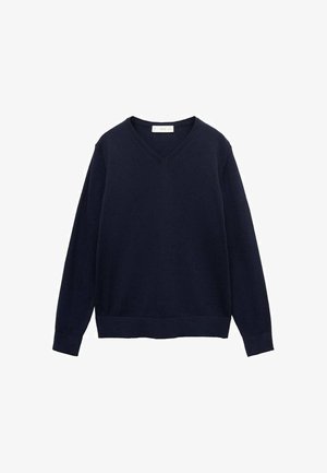 Pull-over long à manches en bleu marine avec un col en V et des poignets et un ourlet côtelés, fabriqué à partir d'un tissu lisse. Pas de motifs ou accents visibles.