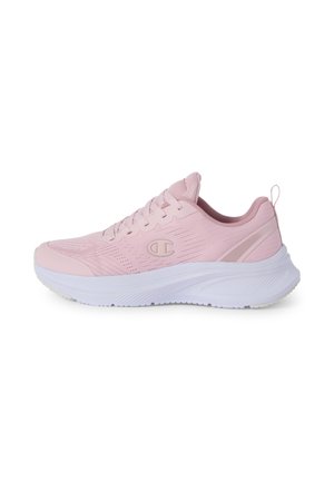 Baskets d'athlétisme rose clair avec tige en mesh, semelle épaisse blanche, fermeture à lacets et logo de la marque sur le côté, vues du côté extérieur.