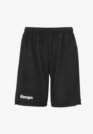 Schwarze Sportshorts aus leichtem Stoff, mit elastischem Bund, Seitentaschen und einem weißen "Kempa"-Logo auf der linken Seite.