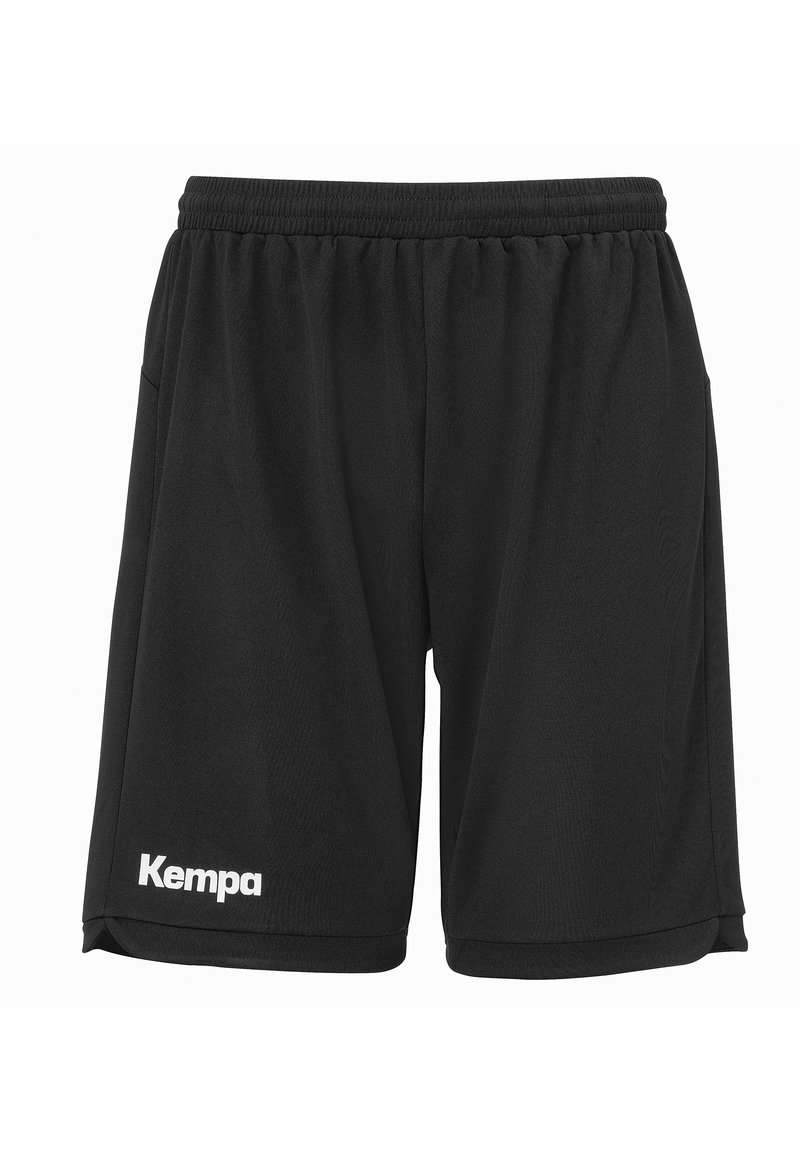 Zwarte sportshorts van lichtgewicht stof, met een elastische tailleband, zijzakken en een wit "Kempa" logo aan de linkerkant.