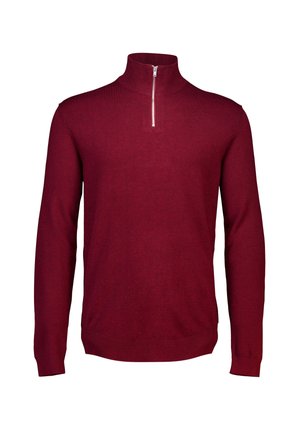 Maglione rosso a maniche lunghe con colletto alto e una cerniera corta. Realizzato in materiale lavorato a maglia, presenta una texture liscia e un design aderente.