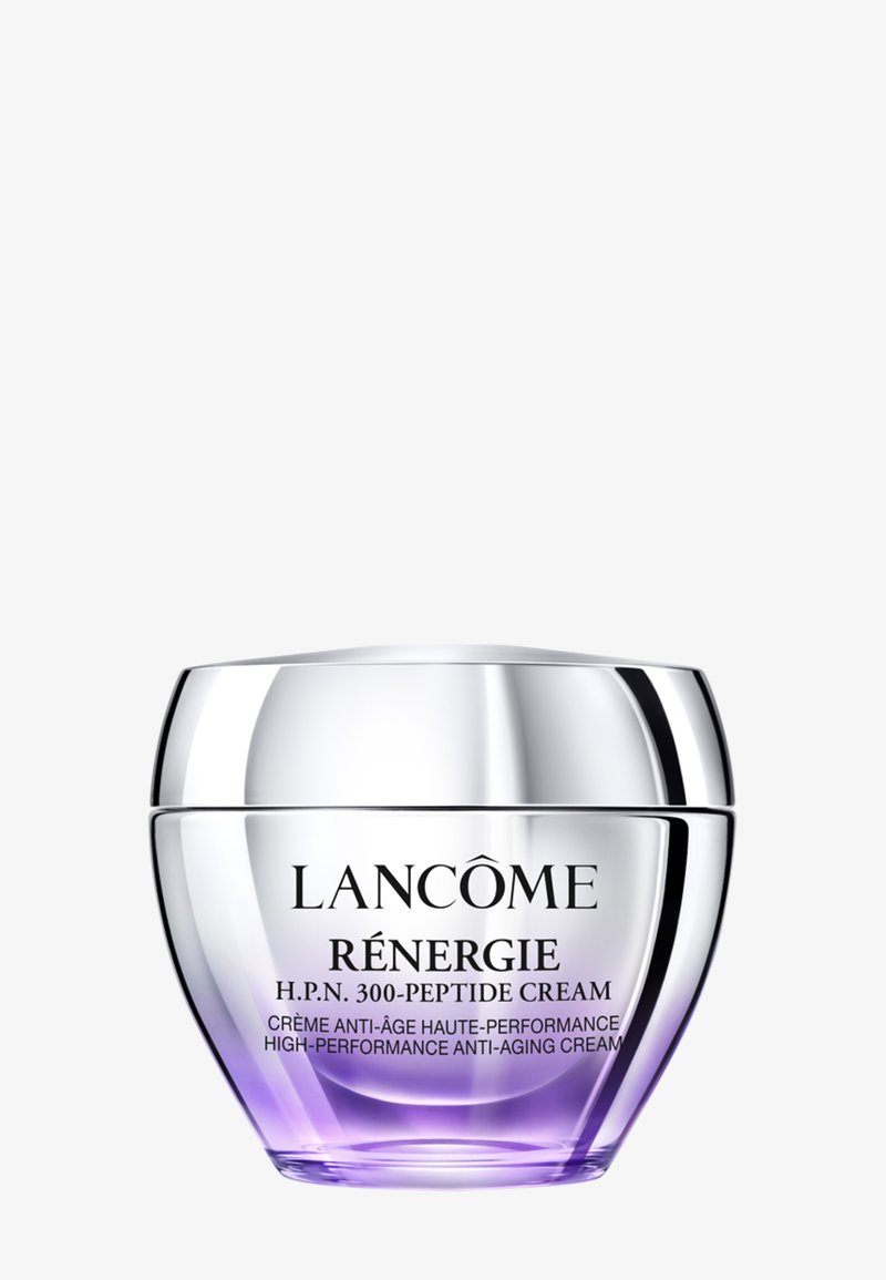 Zilveren en paarse Lancôme Rénergie H.P.N. 300-Peptide hoogwaardig anti-verouderingscrèmepotje met zwarte tekst op een witte achtergrond.
