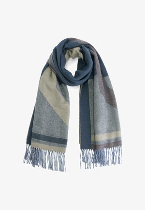 Soft woven scarf in muted blue, gray, and beige tones with diagonal stripes and fringed ends, arranged in a looped style.