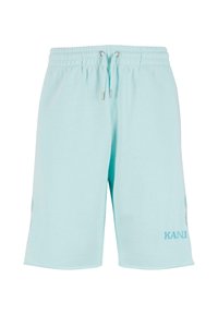 Lyseblå bomullsshorts med elastisk midje og snøring, med brodert logo på venstre ben.