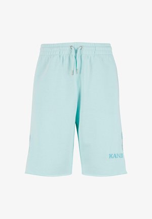 Light blue cotton shorts with an elastic waistband and drawstring, featuring embroidered logo detail on the left leg.
