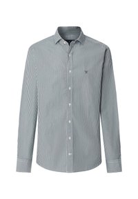 Overhemd met knoopjes in blauw en witte verticale strepen, met een klassieke kraag, lange mouwen en een klein logo op de borst.