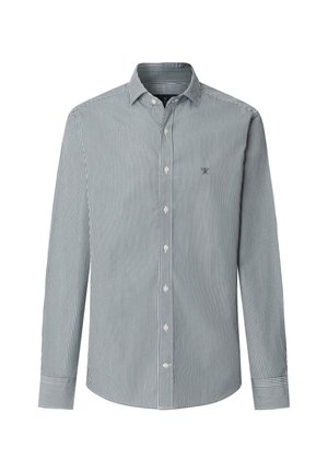 Overhemd met knoopjes in blauw en witte verticale strepen, met een klassieke kraag, lange mouwen en een klein logo op de borst.