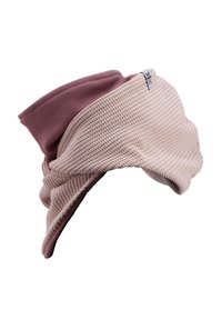 Knit beige hat with a maroon brim, featuring a textured exterior and a smooth inner lining. Includes a small brand tag on the side.