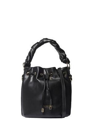 Sac seau en cuir noir avec poignée torsadée, fermeture par cordon et fine bandoulière, avec petits détails métalliques dorés.