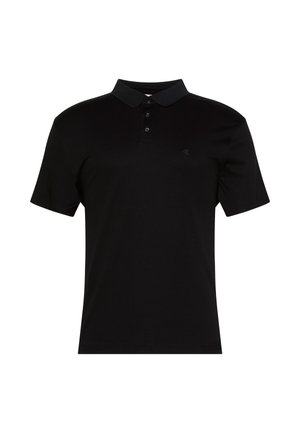Black polo shirt made of smooth fabric, featuring a collared neck, three-button placket, and a small logo on the left chest.