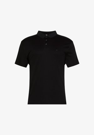 Black polo shirt made of smooth fabric, featuring a collared neck, three-button placket, and a small logo on the left chest.