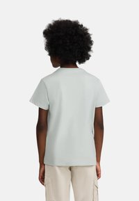 Camiseta de manga corta gris claro con cuello redondo, textura suave y un corte relajado, vista desde la parte de atrás. Estilo casual con diseño minimalista.