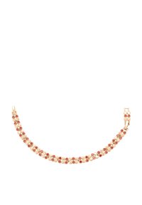 Kultaketju, jossa on vuorotellen pieniä kultapalloja ja punaisia jalokiviä, jotka on linkitetty kukkakuosiin ja suljetaan claspilla.